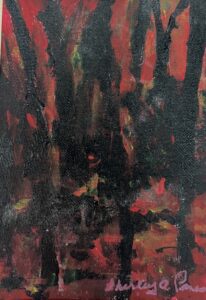 A painting of trees with red and black colors.