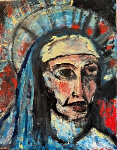 A painting of a woman with a headdress