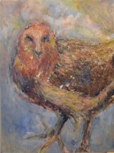 A painting of an owl with red feathers.