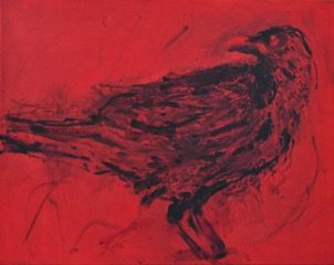 A painting of a bird on red background